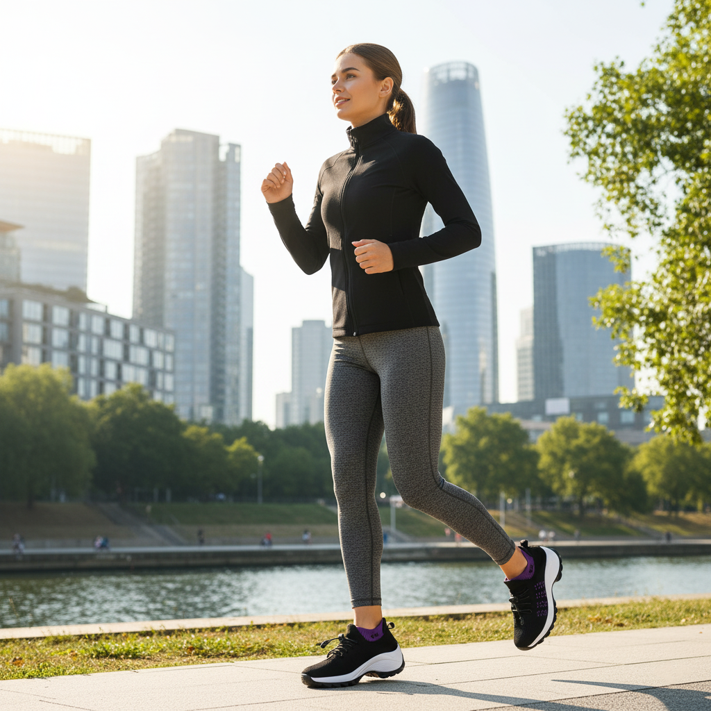 Black and purple lace-up walking sneakers stepping outdoors