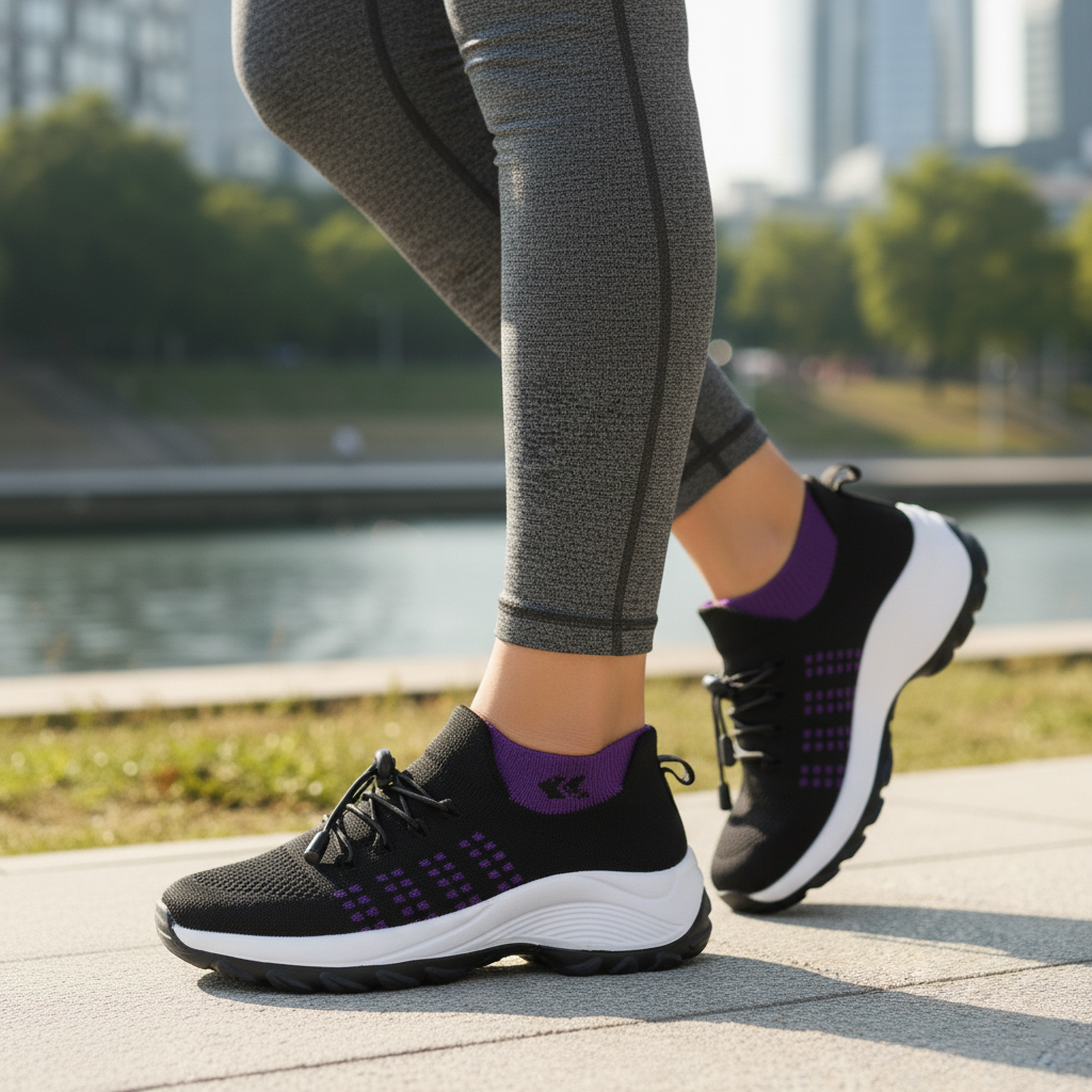 Black and purple lace-up walking sneakers on an ankle-high sock