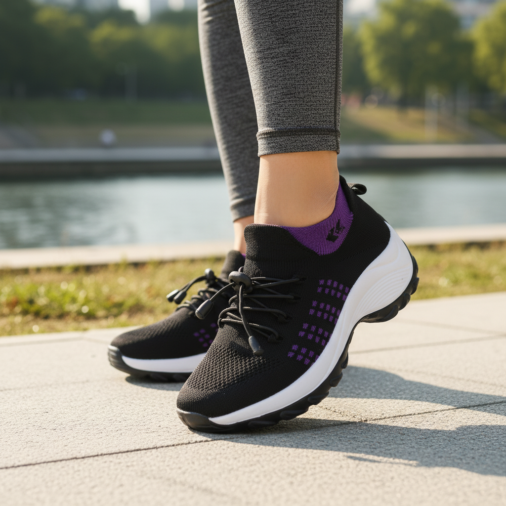 Black and purple lace-up walking sneakers with white cushioning sole