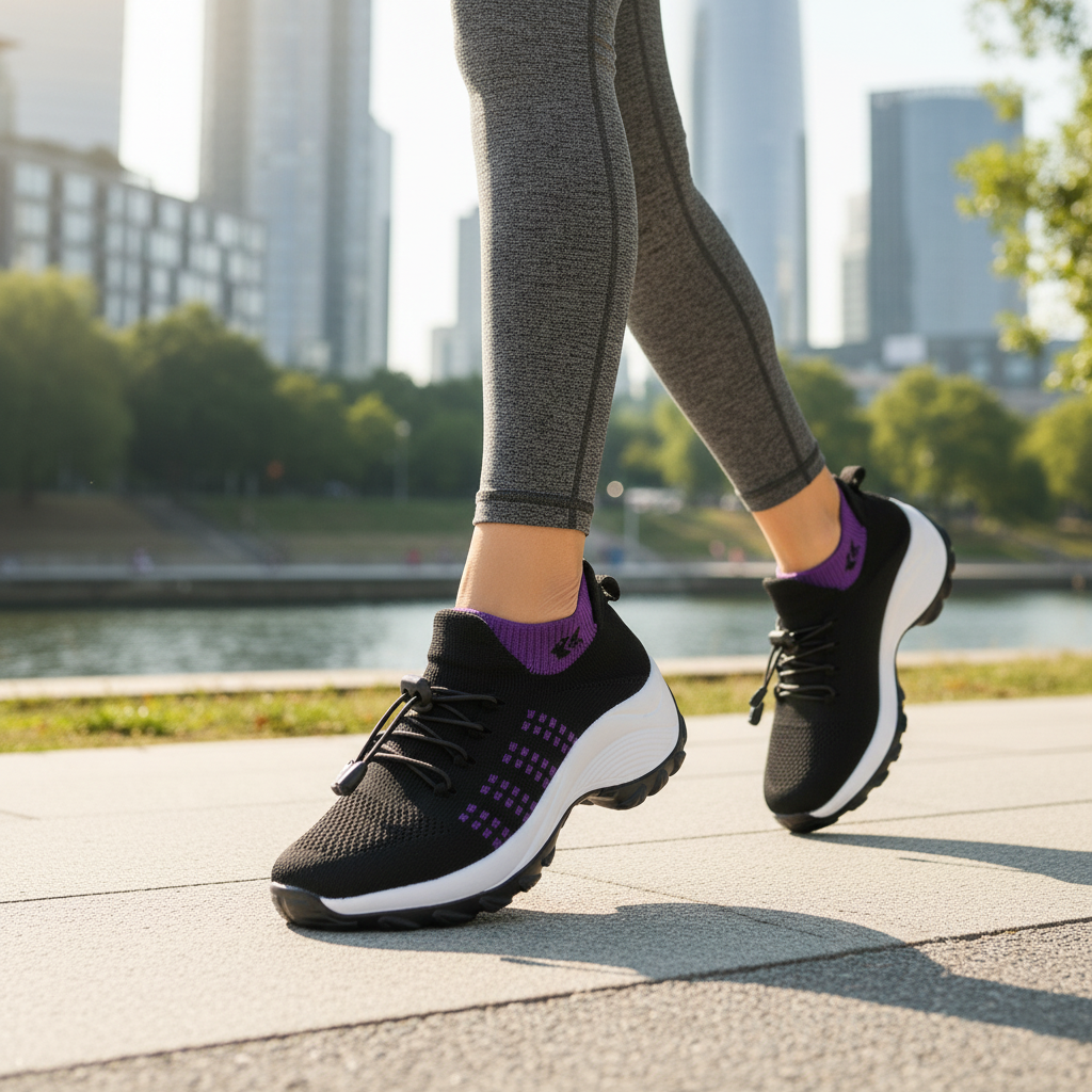 Black and purple lace-up walking sneakers with white midsole