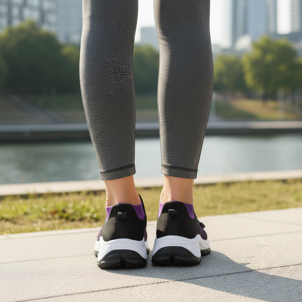 Black walking sneakers with purple heel lining and white cushioned heel