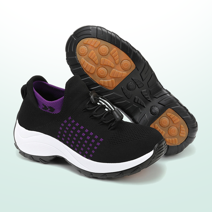 Black walking sneakers with purple knit panels and lace-up, treaded outsole
