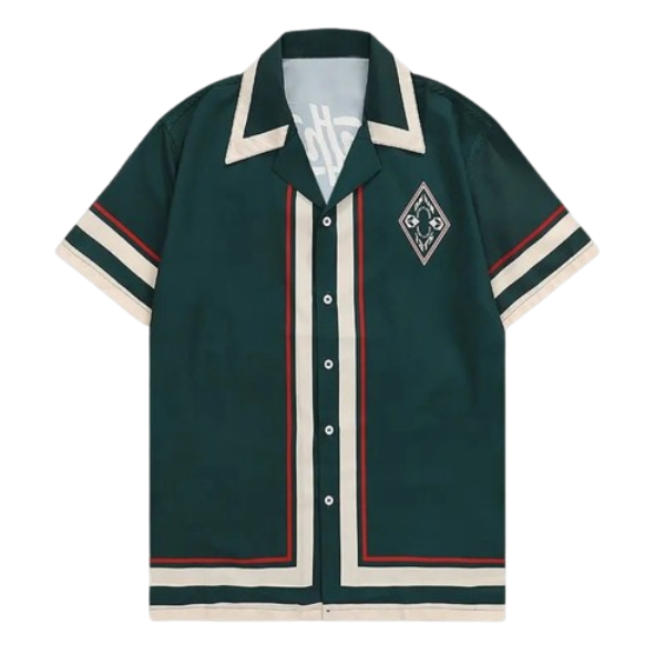 Dark green polo shirt with white collar, red-and-cream trim, front button placket, crest