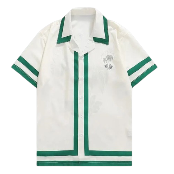 White polo shirt with green vertical stripe, green-trim short sleeves, button front, chest emblem