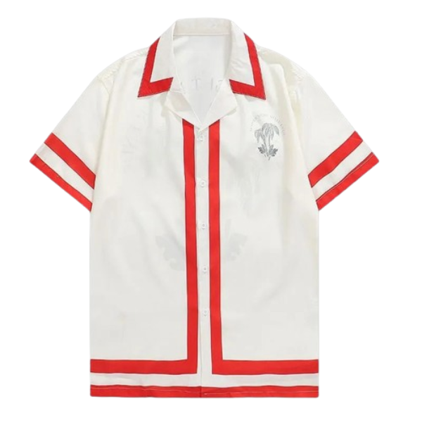 White polo shirt with red vertical stripe, red-trim short sleeves, button front, chest emblem