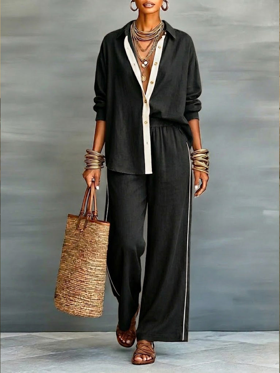 Two-piece set: contrast-panel shirt and wide-leg pants in black with light trim