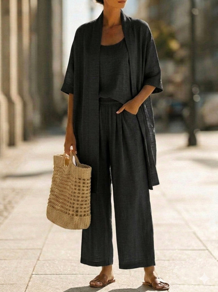 Black lounge set with robe, tank top, and wide-leg pants