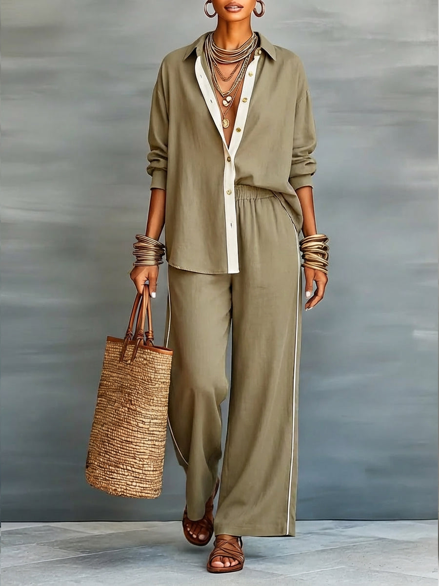 Two-piece set: contrast-panel shirt and wide-leg pants in khaki with light trim