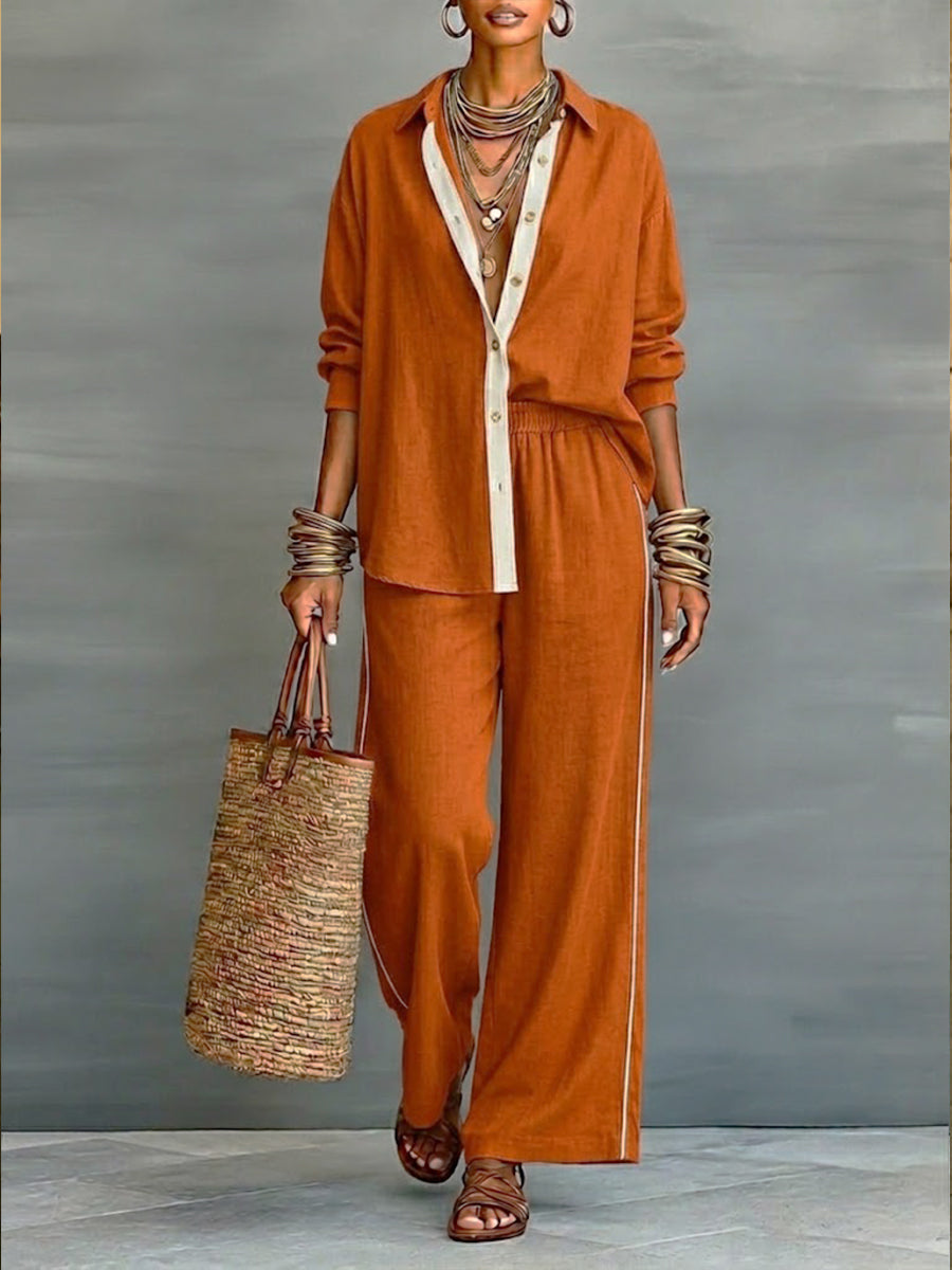 Two-piece set: contrast-panel shirt and wide-leg pants in orange with light trim