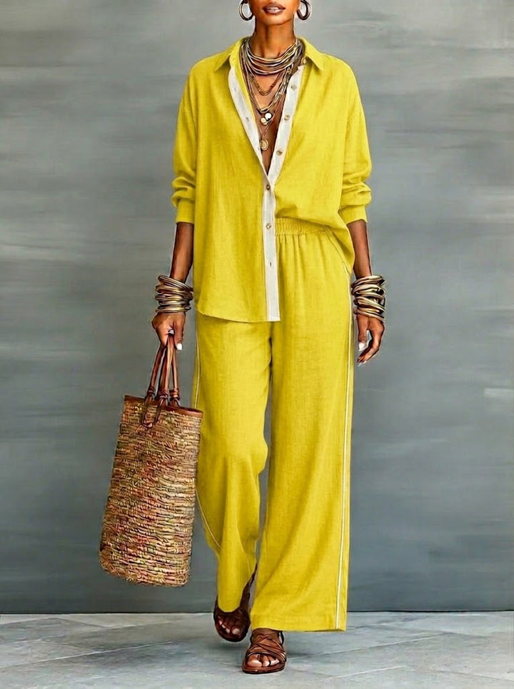 Two-piece set: contrast-panel shirt and wide-leg pants in yellow with light trim