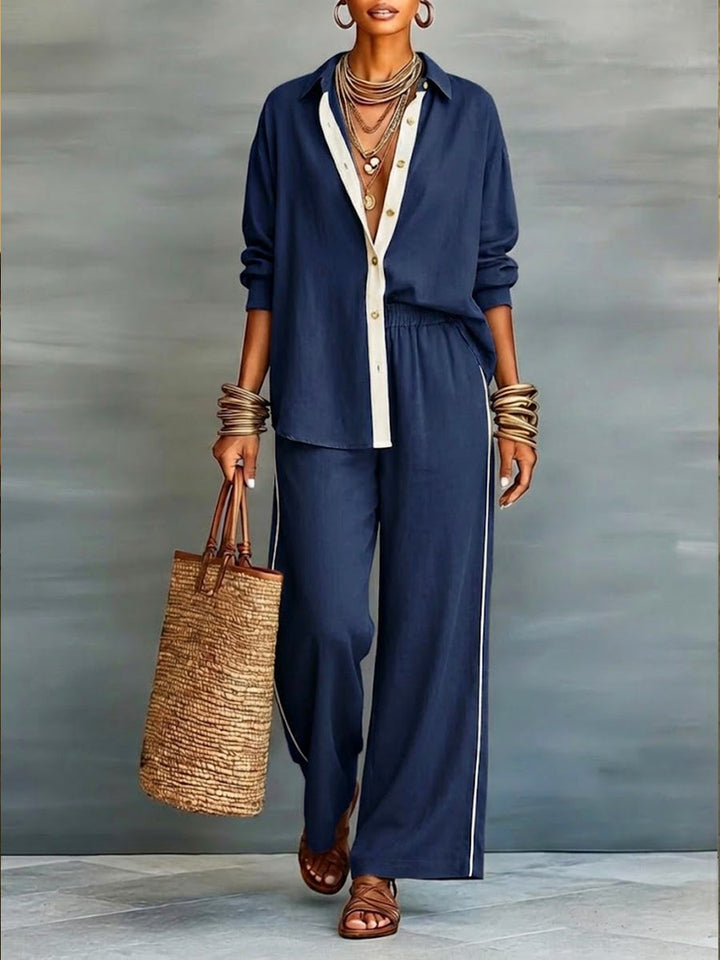 Two-piece set: contrast-panel shirt and wide-leg pants in dark blue with light trim