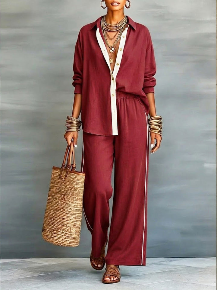 Two-piece set: contrast-panel shirt and wide-leg pants in red with light trim