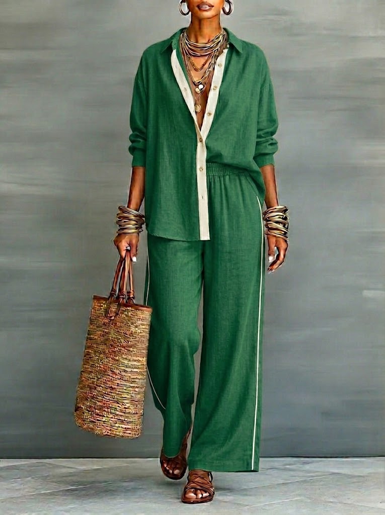 Two-piece set: contrast-panel shirt and wide-leg pants in green with light trim