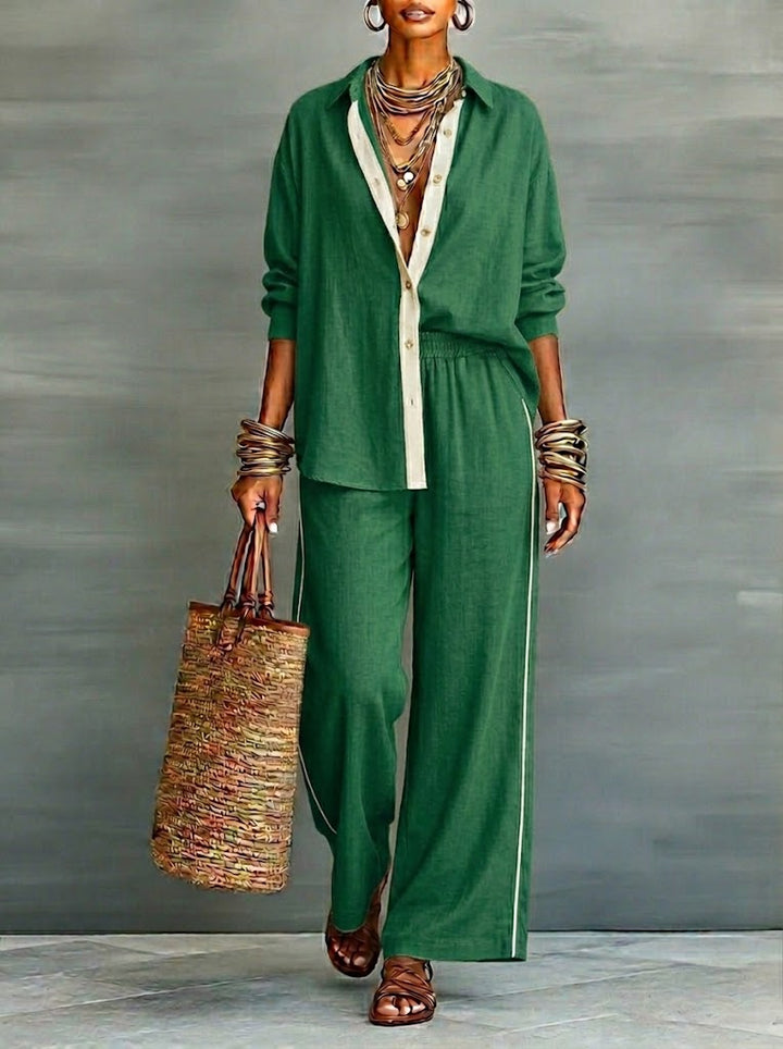 Two-piece set: contrast-panel shirt and wide-leg pants in green with light trim