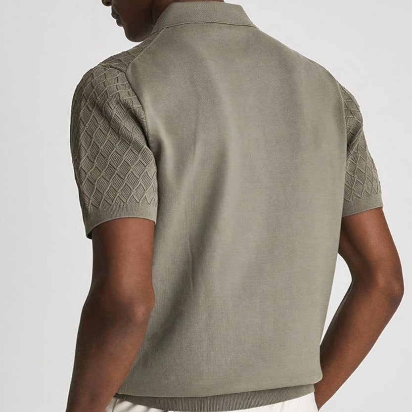 Olive slim-fit polo shirt, back view with diamond-knit shoulders and ribbed collar