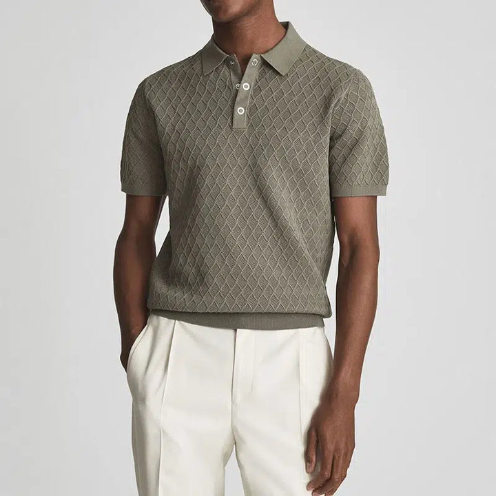 Olive slim-fit polo shirt with diamond knit texture and three-button placket, short sleeves