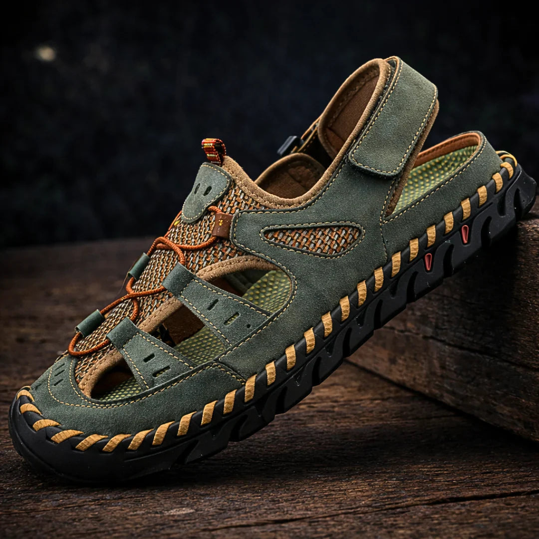 Rugged green sandals with hook-and-loop straps and orange-edged detailing