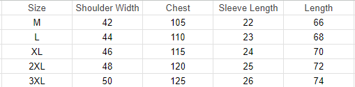 Size chart table with shoulder width, chest, sleeve length, and length for sizes M-2XL