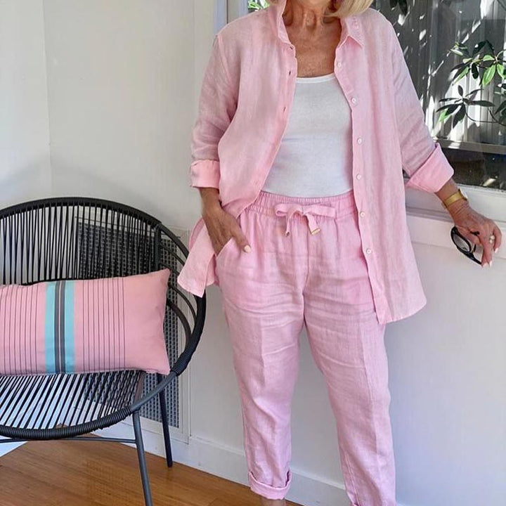 Casual comfort two-piece set in pink: button-front shirt with matching drawstring joggers
