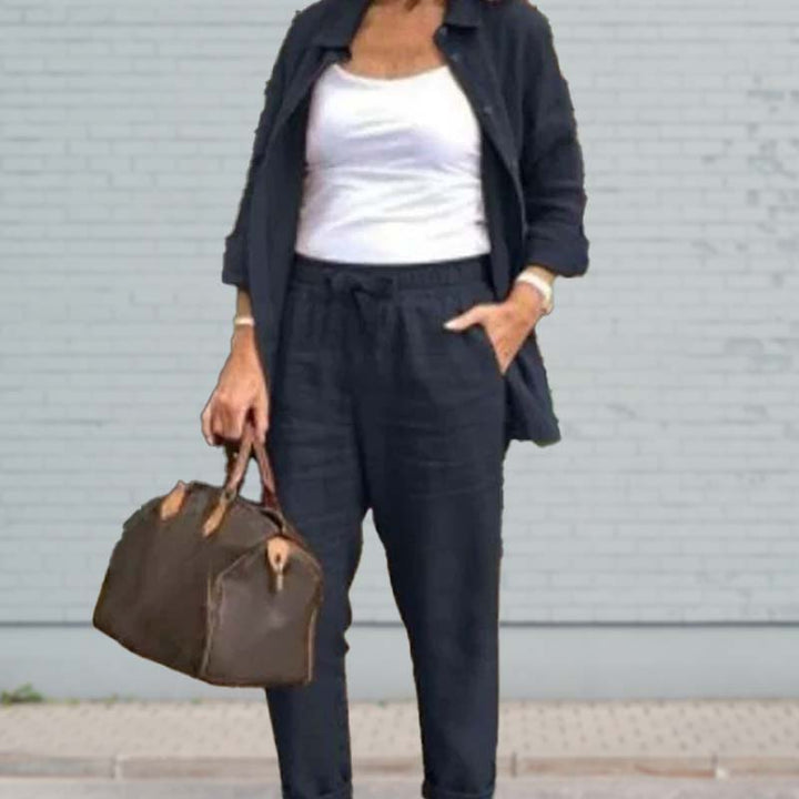 Casual comfort two-piece set in navy: relaxed button-front top and matching drawstring joggers