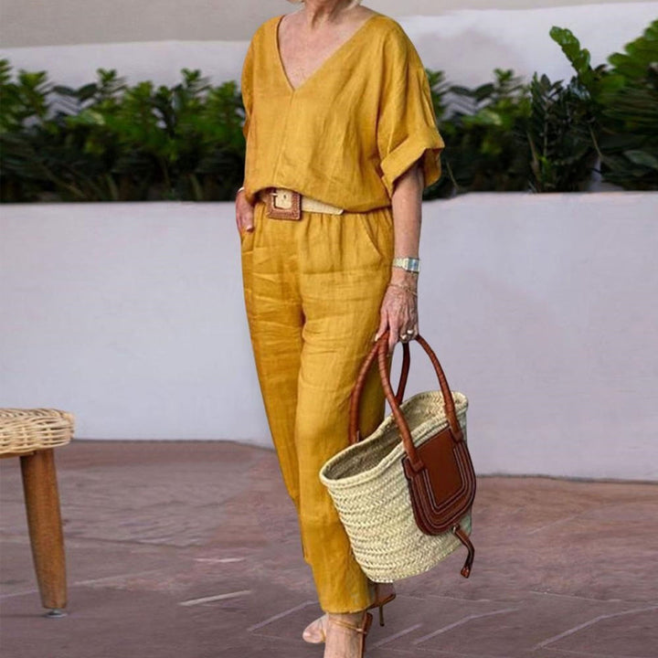 Yellow V-neck blouse with dolman sleeves and matching ankle-length pants
