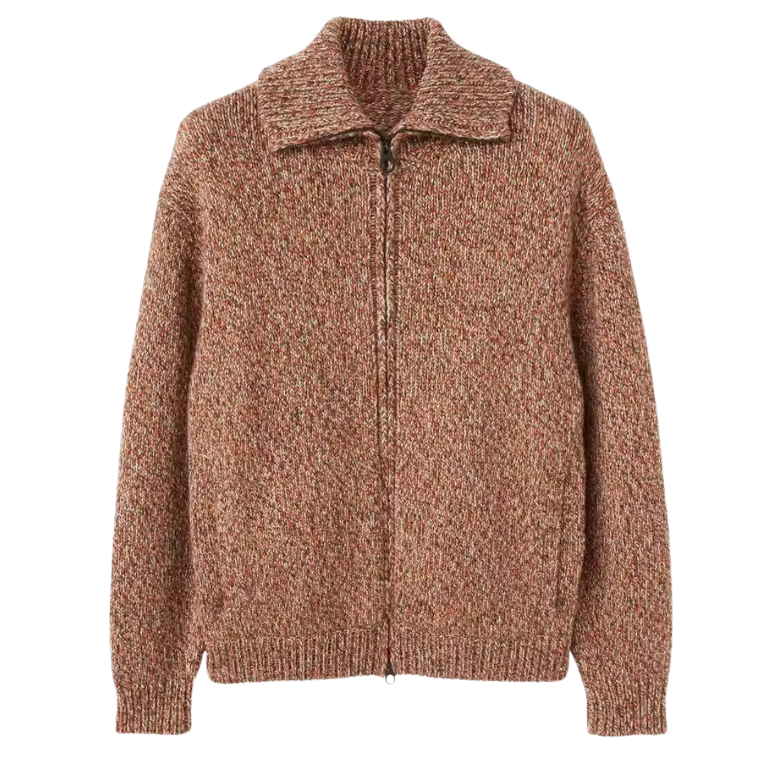 Alpaca wool zip-up bomber jacket in brown tweed knit with stand collar