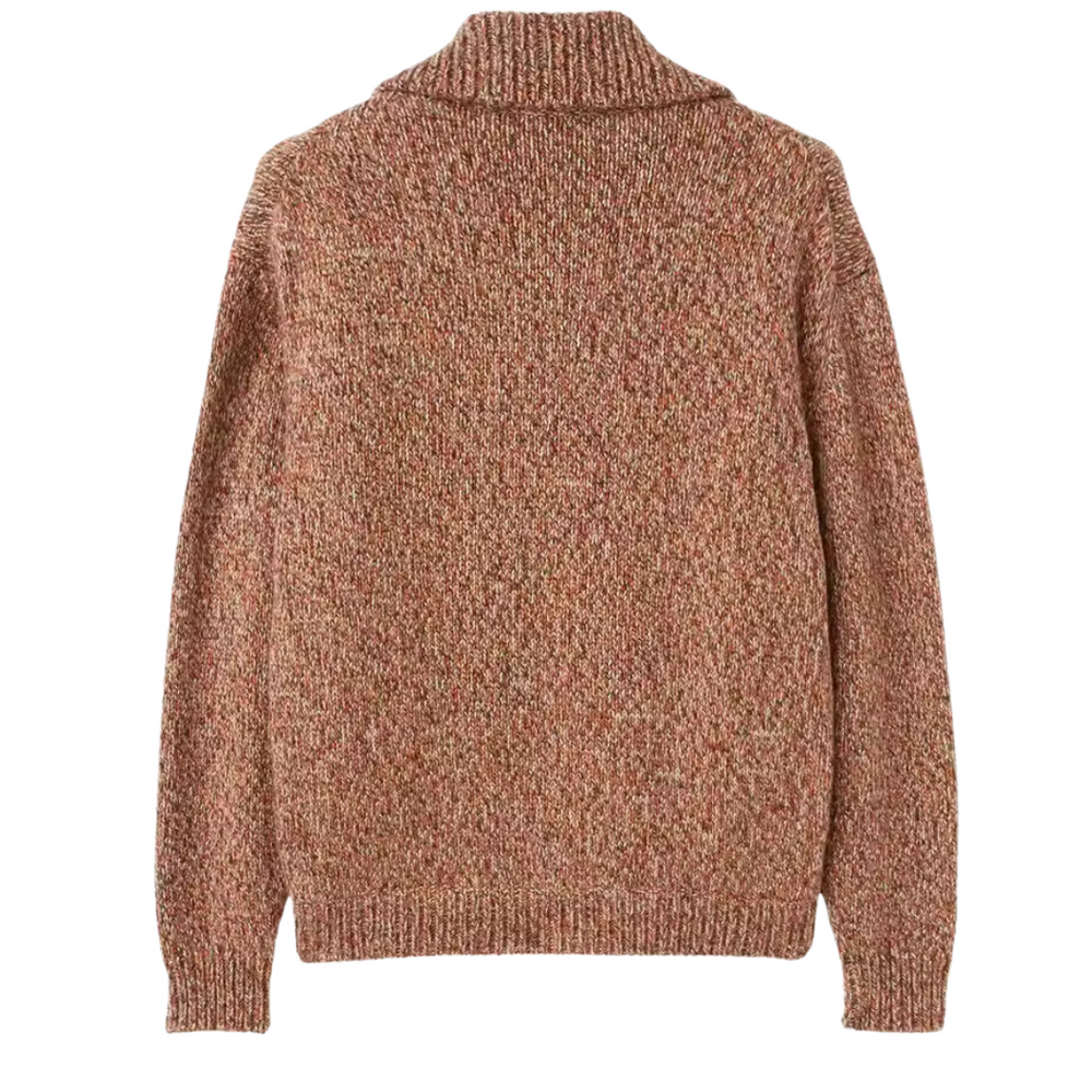 Alpaca wool zip-up bomber jacket, brown tweed knit, high ribbed collar