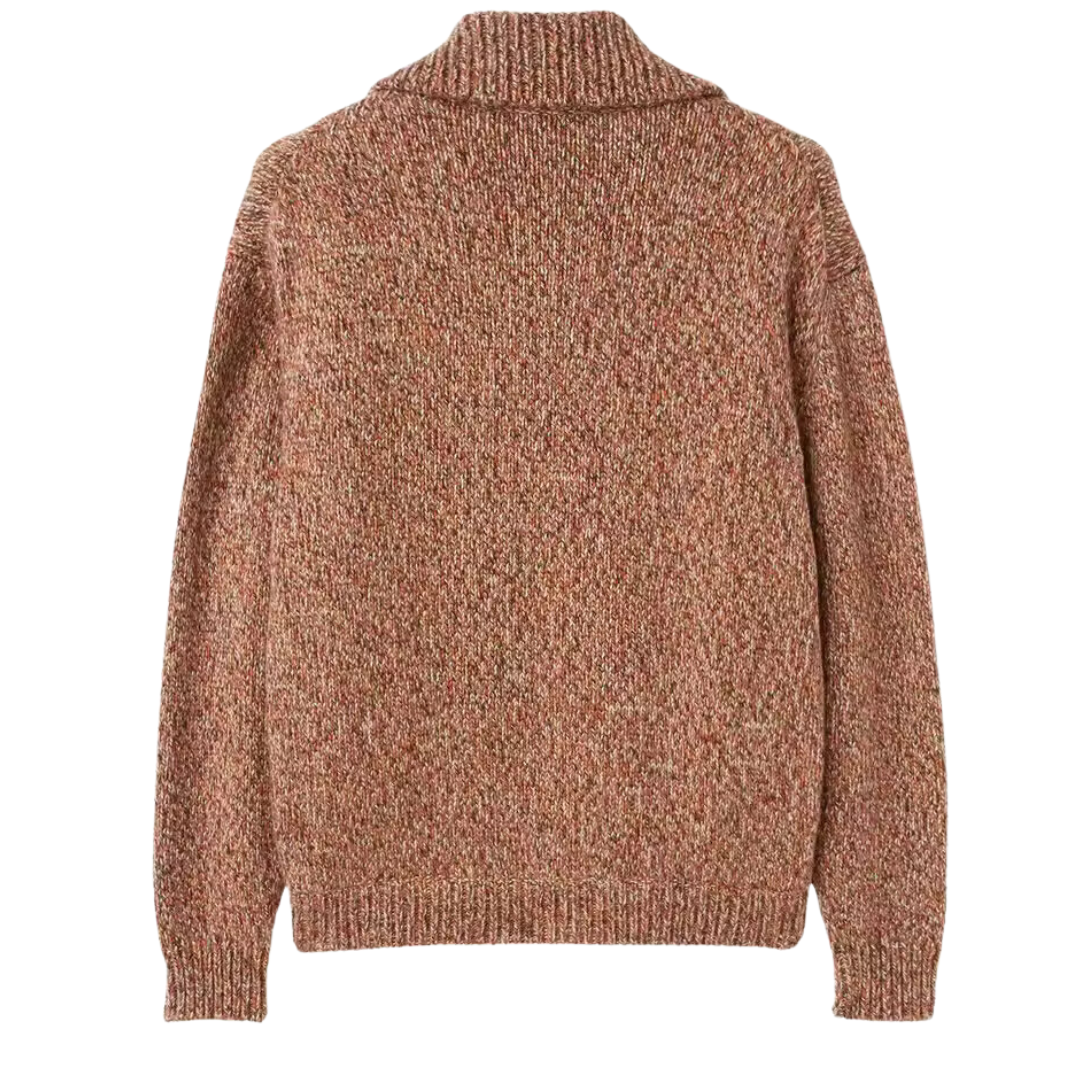 Alpaca wool zip-up bomber jacket, brown tweed knit, high ribbed collar