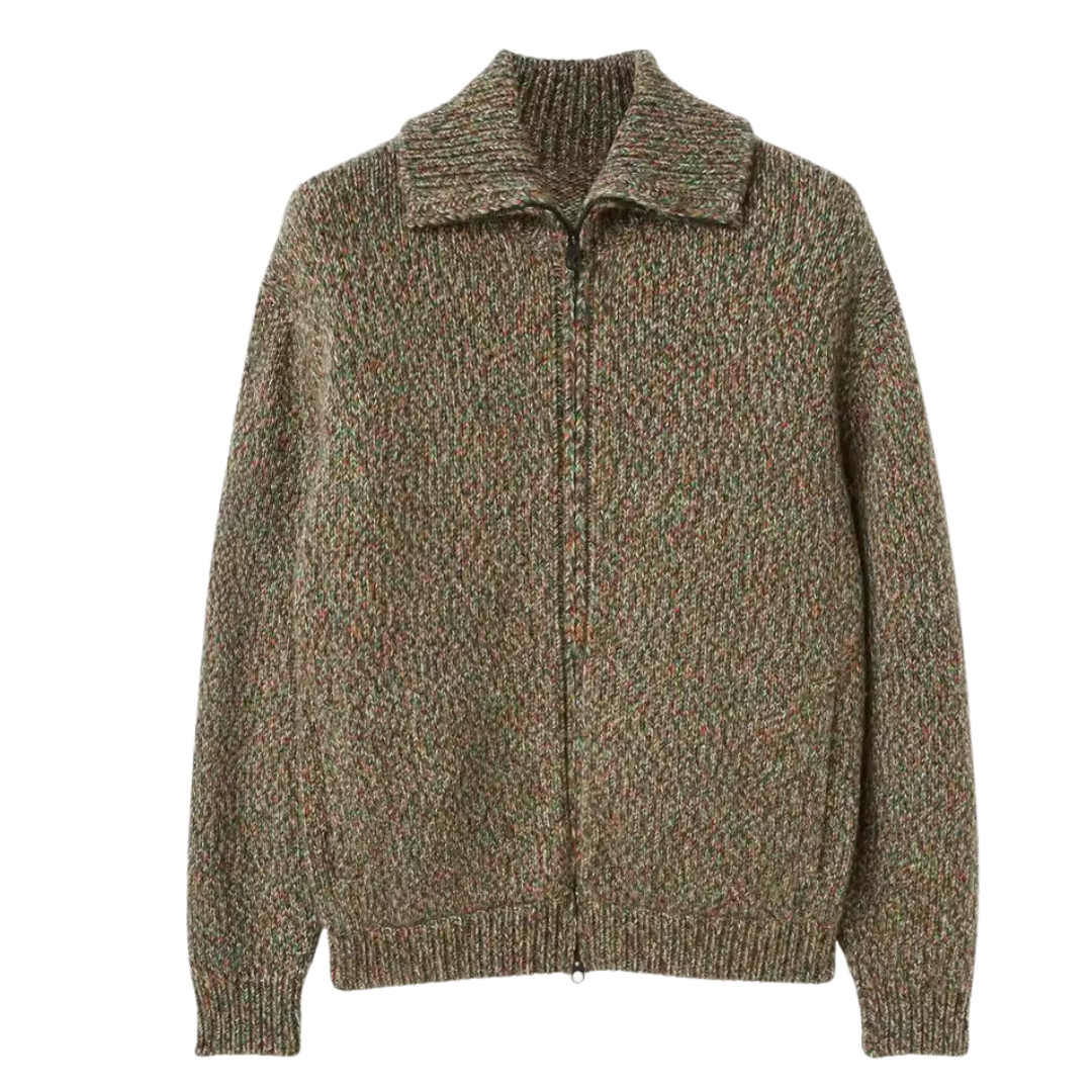Alpaca wool zip-up bomber jacket in green tweed knit with stand collar
