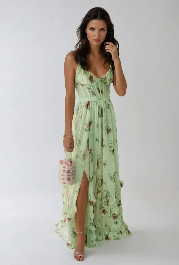 Green floral maxi dress with spaghetti straps, sweetheart neckline, front slit, tiered ruffles